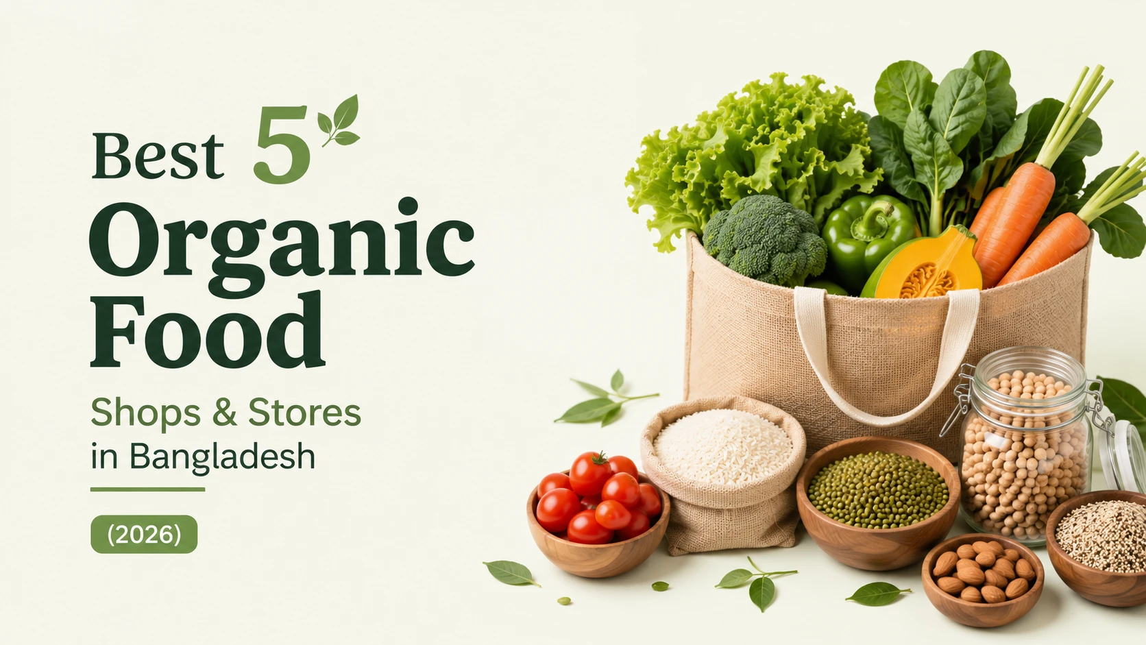 Best 5 organic food shops and stores in Bangladesh (2026) featuring fresh organic vegetables, fruits, grains, legumes, and healthy food products.