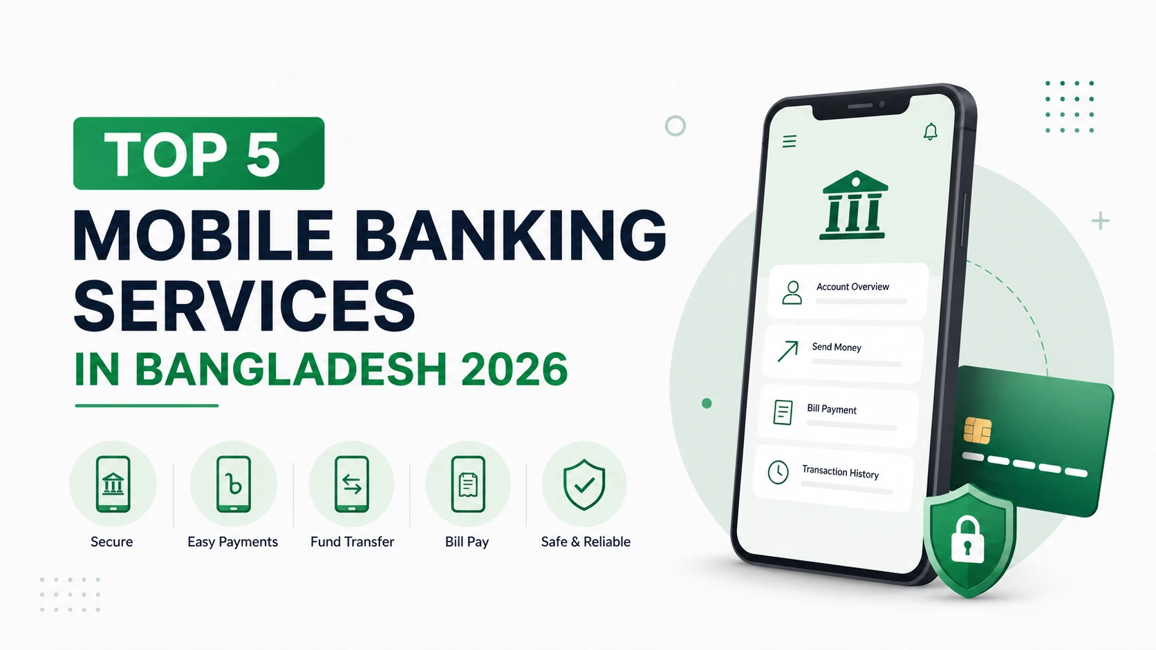 Top 5 mobile banking services in Bangladesh (2026) comparison guide covering features, transaction security, fees, mobile payments, and digital banking experience.